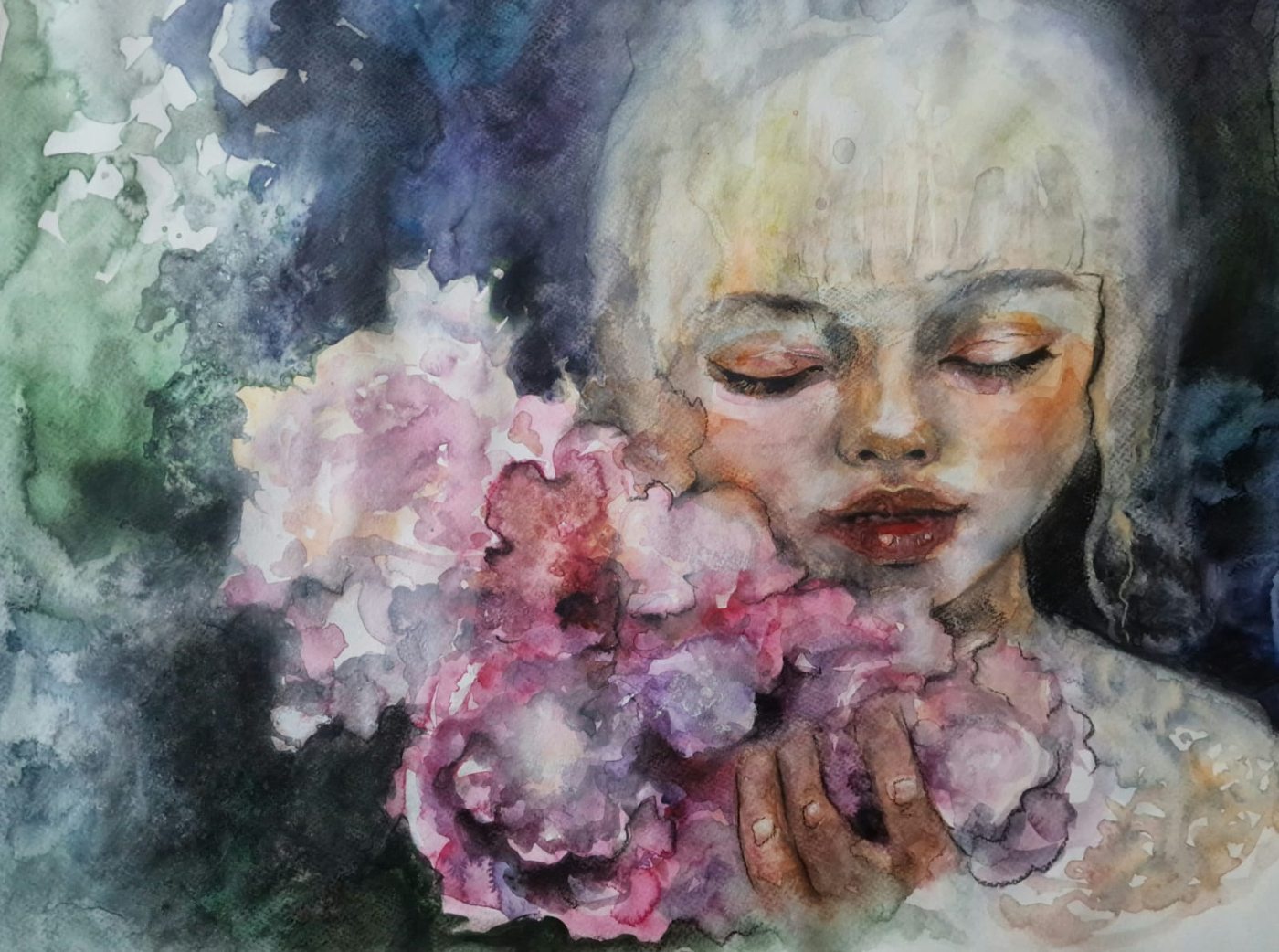 She listens to the flowers, painting by Mirela Patras